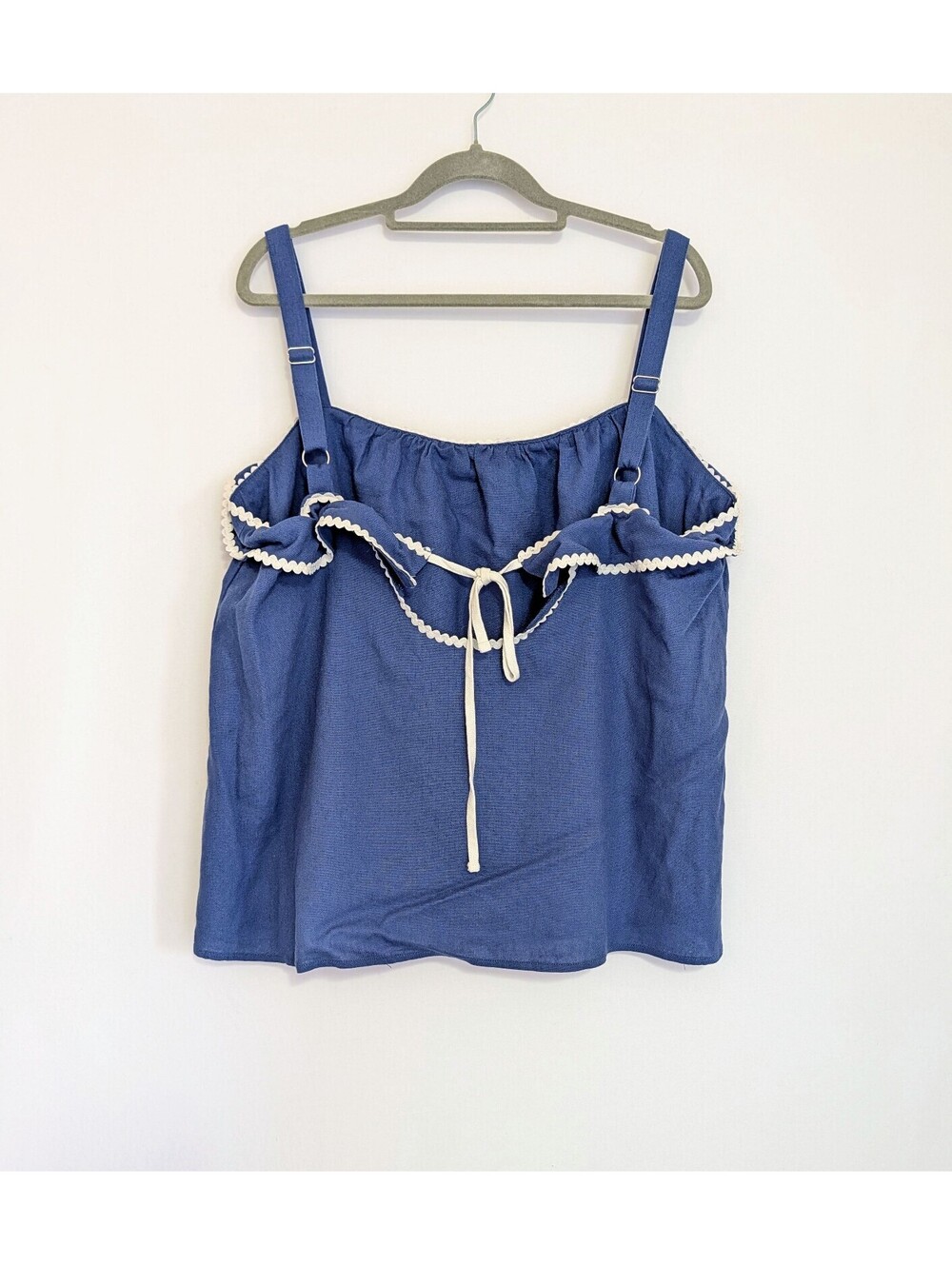 Solid & Striped Blue Linen Blend Ruffle Tank Top Ric Rac Trim Large - Picture 2 of 9